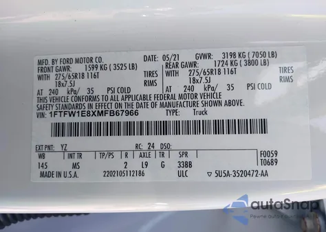 2021 Ford F-150 Xlt z USA, uszkodzony, nr VIN 1FTFW1E8XMFB67966